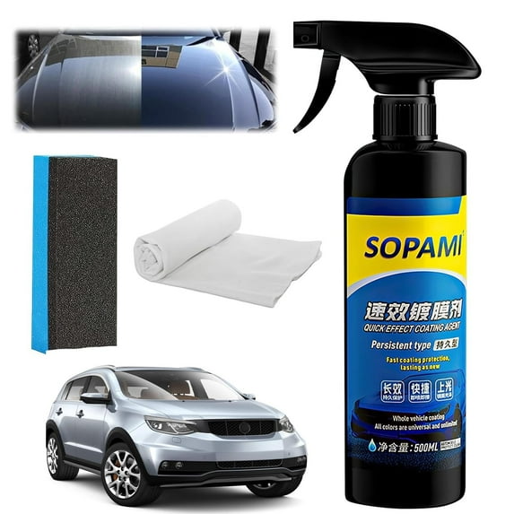 Car Coating Spray, Quick Effect Coating Agent,Quickly Coat Car Wax Spray,Car Scratch Wax Polish Spray Waterless Wash,Oil Film Emulsion Glass Cleaner (1 Pc+Sponge+Cloth)
