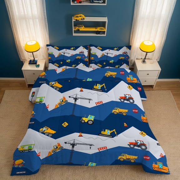 Car Comforter Set Construction Bedding Set for Boys Kids Trucks Comforter Cartoon Car Excavator Tractor Blue 3Pcs Queen