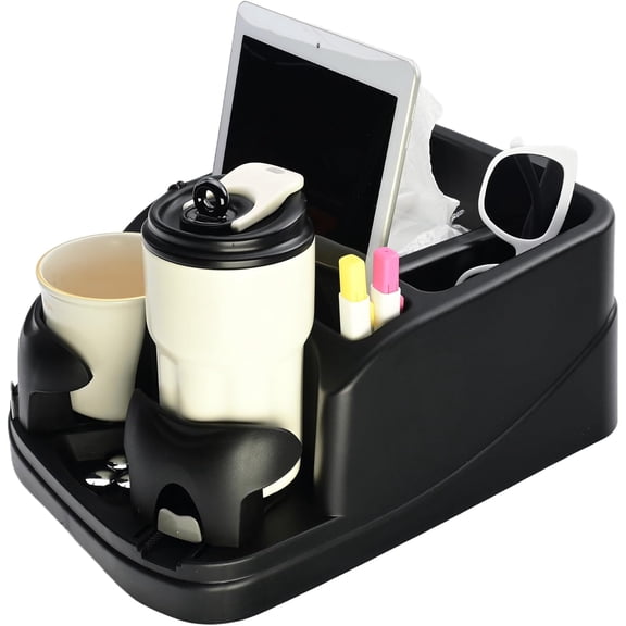 Car Console Organizer, Car Seat Organizer with 2 Adjustable Cup Holders, Center Console for Cars, Trucks, Minivans, SUVs, Vehicle Organizer, 3 Large Storage Compartment (Black)