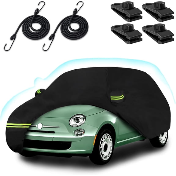 Car Cover for 2007-2025 Fiat 500/500C/500E Abarth/New Fiat 500 (Hatchback/Cabrio/3+1), 210T Waterproof Sun Rain Dust Snow Protection Outdoor Fiat Car Cover with Cotton Lining and Zipper Door-Black