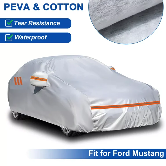 Car Cover for Ford Mustang 1964-2024, 6 Layers PEVA Cotton Waterproof Full Cover Rain Sun UV Protection All Weather Silver