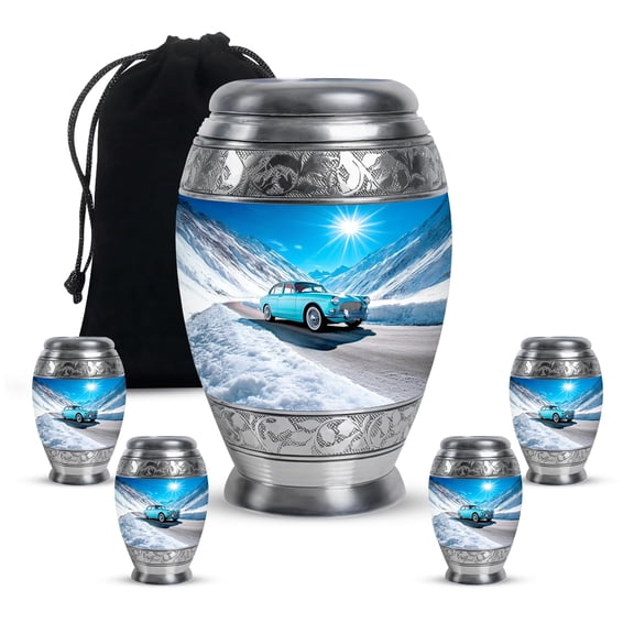 Car Cremation Funeral Urn for Human Adult Ashes, Keepsake Memorial Gift for Father & Mother, Handcrafted Mini Urns for Ash, Combo, Blue (10 Inch & 3 Inch Mini Set of 3)