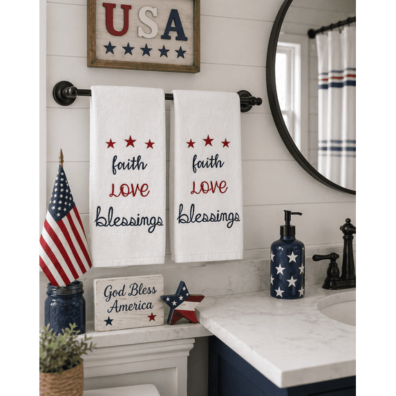 Serafina Home Patriotic White Hand Towels: Luxury Soft Absorbent Terry Cloth Embroidered American Sentiments: Faith Love Blessings, 16" by 28" Inch, 2 Piece