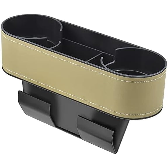 Car Cup Holder, Auto Front Seat Organizer, Multifunctional Cup Drink Holders with PU Leather Cover, Gap Filler Storage Box Coin Bucket Console Side Pocket Cell Mobile Phone Holder(Slim-Beige)