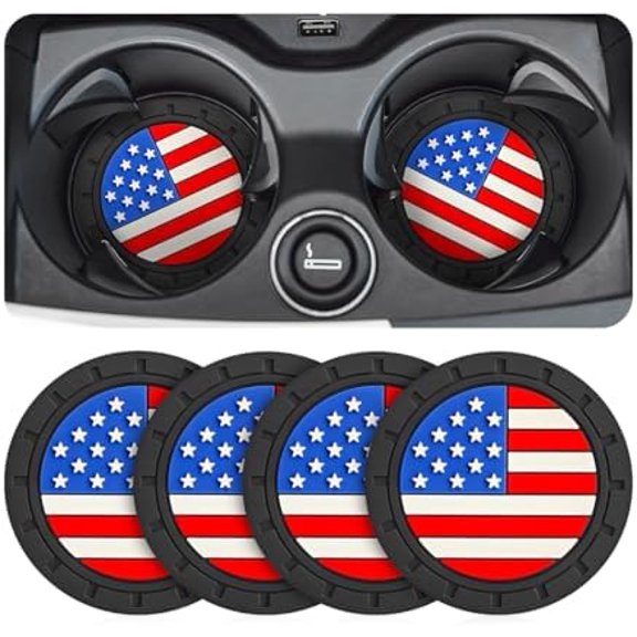 Car Cup Holder Coasters, 4 Pack American Flag Insert Car Cup Coaster, 2.75 Inch PVC Anti Slip Shockproof Embedded Drink Mat, Car Interior Decoration Accessories for SUV, Truck (Multicolor)