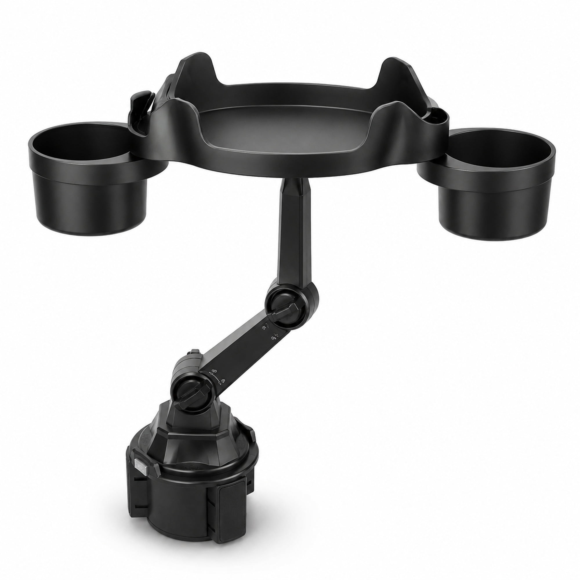 Black Adjustable Car Cup Holder Tray – Food and Drink Organizer with Dual Cup Holders, Snack Surface, and Swivel Arm