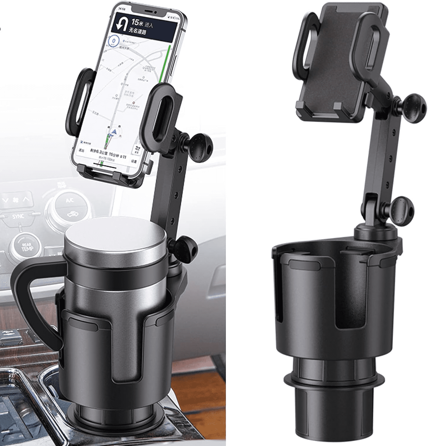 Car Cup Holder Expander with Phone Mount, 2 in 1 Automotive Cell Phone