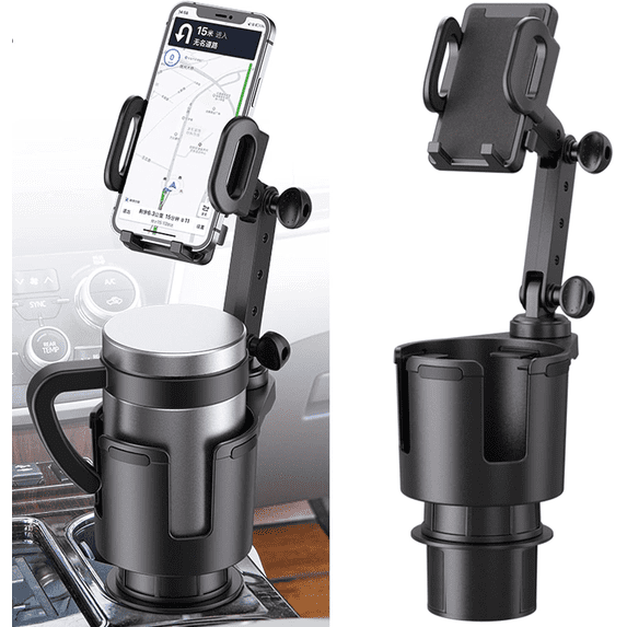 Car Cup Holder Expander with Phone Mount, 2 in 1 Automotive Cell Phone Drink Holder Adapter with Adjustable Base Long Gooseneck 360° Rotation, Fits Any Smartphones and Most Bottles