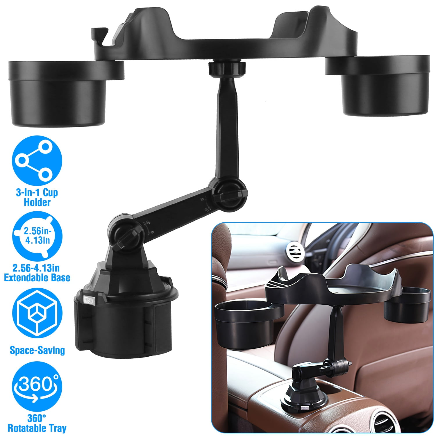 Car Cup Holder Expander TeqHome 360° Rotating Car Tray 3 in 1 Detachable Food Table Tray with Phone Slot Road Trip Essentials Accessories Gadgets