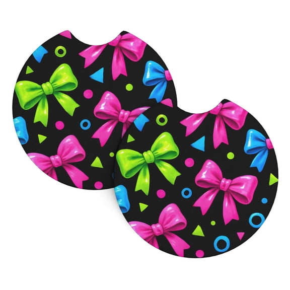 Car Cup Holder Pads 2 Pack Neoprene Coasters For Car Interior Non-Slip Waterproof Protectors Fit For Car Truck Suv Bold Neon Contemporary Ribbon Bow Pattern