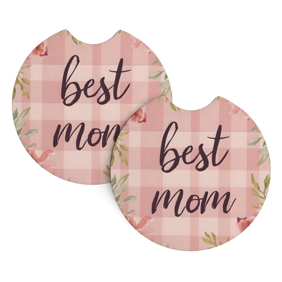 Car Cup Holder Pads 2 Pack Neoprene Coasters For Car Interior Non-Slip Waterproof Protectors Fit For Car Truck Suv Pink Gingham Background Pastel Flowers Leaves