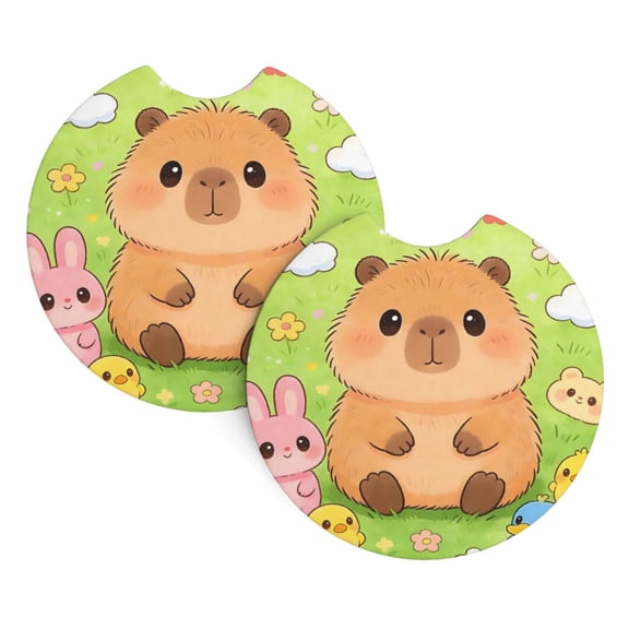 Car Cup Holder Pads 2 Pack Neoprene Coasters For Car Interior Non-Slip Waterproof Protectors Fit For Car Truck Suv Capybara Flower Rabbit Chick