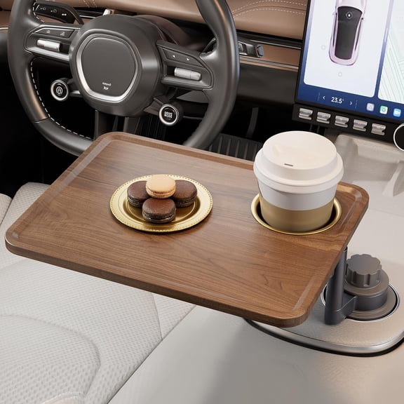 Car Cup Holder Tray Desk, 360 Rotating Black Walnut Solid Wood Food Car Table - Steering Wheel Tray Road Trip Essentials Accessories for Tesla Model Y/3/S, Ford F150 Most Vehicles