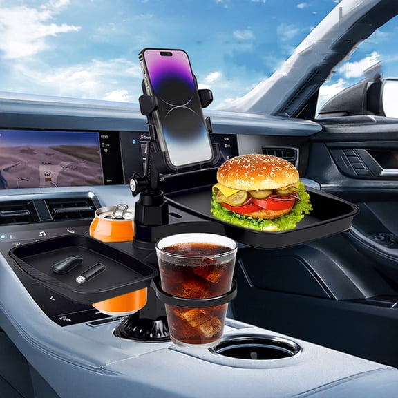 Car Cup Holder Tray Table, Multifunctional Phone Mount With Double Trays And Double Cup Holders, Foldable Car Cup Holder Organizer For Drinks Snacks Phones In Vehicles