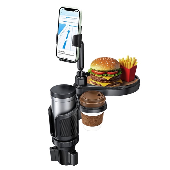Norxziore Car Cup Holder with Expander, Detachable 360° Rotating Food Tray & Phone Mount, Adjustable Cup Holder Adapter for Road Trip, Black