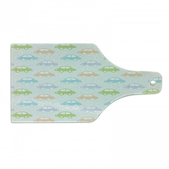 Car Cutting Board, Cars Pastel Colored Automobiles Boys City Joyful Game Toys Inspired, Decorative Tempered Glass Cutting and Serving Board, Wine Bottle Shape, Multicolor, by Ambesonne