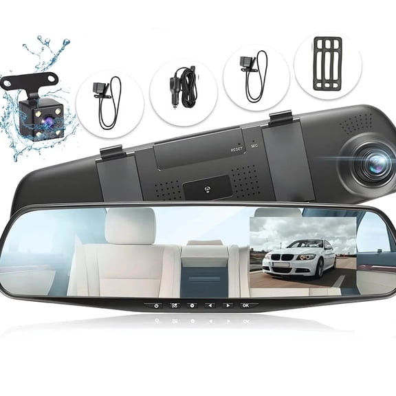 Car Dash Cam Backup Rearview Mirror Camera, 4.3" Full HD 1080P Smart Rearview Mirror Camera for Cars, Trucks, SUV, Dual Cameras, Built-in G-Sensor, Parking Assistance & Loop Record Support