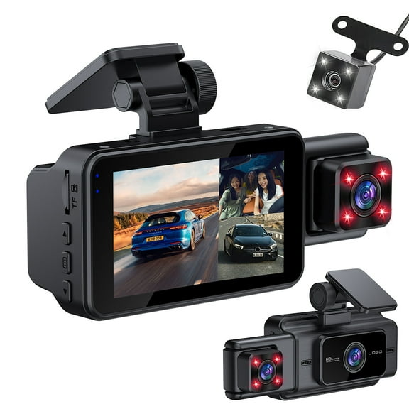 Car Dash Cam, Front Inside Rear Car Camera, 1920P+1080P FHD Car Camera, 3.0" IPS 140 Wide Angle Camera, WiFi App Control, G-Sensor, WDR, 24H Parking Mode, Loop Recording