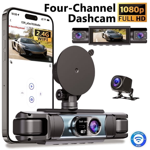 Car Dash Cam Wireless 4-Channel 360 Panoramic 3.18-Inch IPS Screen Quad-View 24H Parking Monitor Rearview Mirror Style Support WiFi with 32GB SD Card