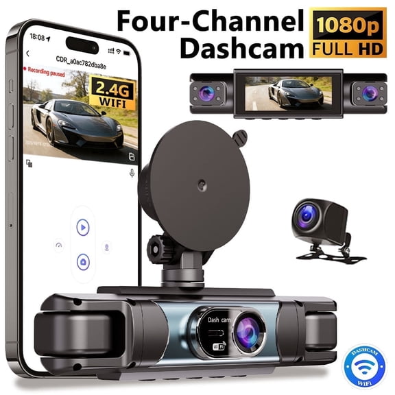 Car Dash Cam Wireless 4-Channel 360 Panoramic 3.18-Inch IPS Screen Quad-View 24H Parking Monitor Rearview Mirror Style Support WiFi with 32GB SD Card