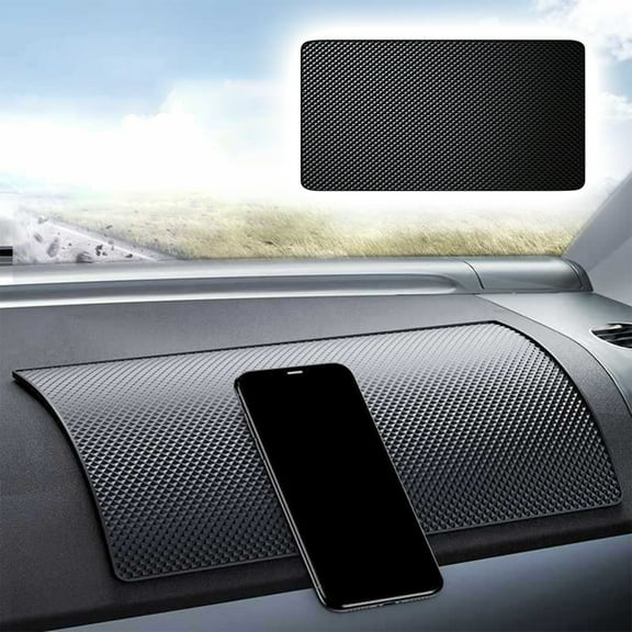 Car Dashboard Anti-Slip Sticky Pad, 10.6"x 5.9" Non-Slip Heat Resistant Rubber Mat, Auto Accessories for Home Office, Strong Adhesive Anti Slide Pad for Phones, Sunglasses, Keys (Black/Grid)
