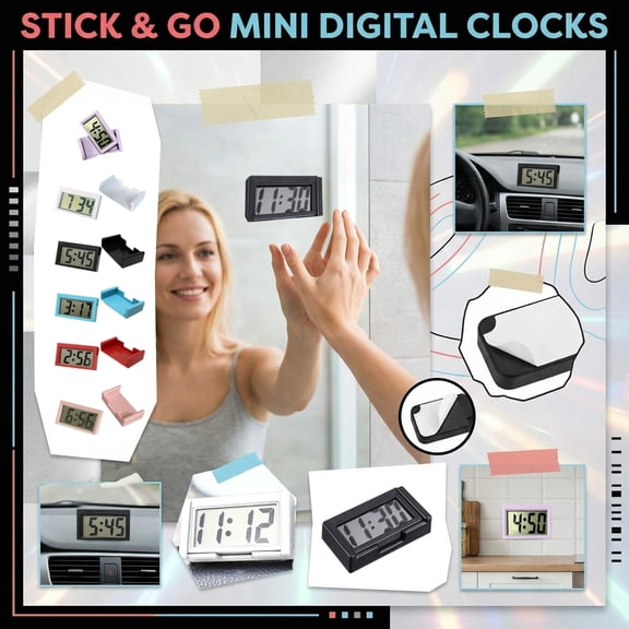 Car Dashboard Digital Clock - Vehicle Adhesive Clock with Jumbo LCD Time & Day Display - Mini Automotive Stick On Watch for Car Truck Dashboard & Air Vent