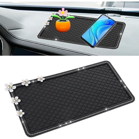 Car Dashboard Non Slip Mats, Glitter Bling Crystal Car Dashboard Pad Universal Car Anti Slip Sticky Gel Pad Washable Car Dashboard Storage Tray for Cell Phone Car Key Sun Glasses (Daisy)