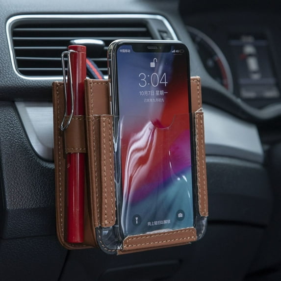 Car Dashboard Organizer with Phone Screen-Visible Window & Cable Port 4-Pocket Pu Leather Storage for Phones/Pens/Lighter 10X8X3In