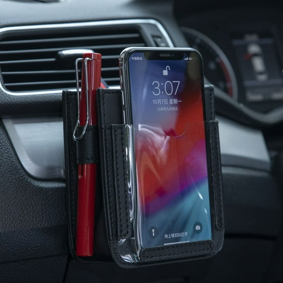 Car Dashboard Organizer with Phone Screen-Visible Window & Cable Port 4-Pocket Pu Leather Storage for Phones/Pens/Lighter 10X8X3In