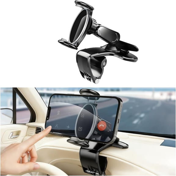 Car Dashboard Phone Holder, 360 Rotation Clip-on Vehicle Dash Cellphone Stand with Parking Number Plate, Auto Sun Visor & Rear View Mirror Mobile Phone Mount, Fits Most Smartphones