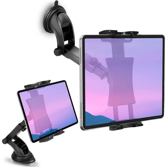 Car Dashboard & Windshield Tablet Mount Holder, 360 Rotation Window Dash Stand for iPad Pro 12.9/11/10.5/9.7/Air/Mini, Galaxy Tab, 4.7-12.9" Tablets & Phone, TPU Suction Cup Sticky Gel & Pad
