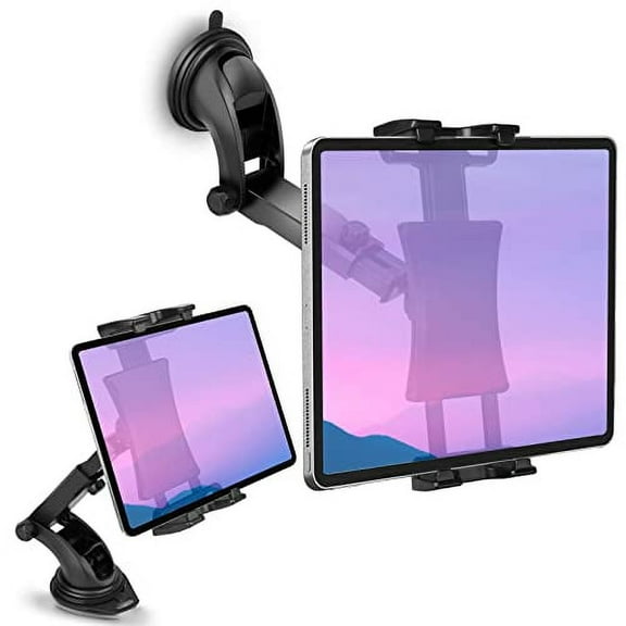 Car Dashboard & Windshield Tablet Mount Holder, 360 Rotation Window Dash Stand for iPad Pro 12.9/11/10.5/9.7/Air/Mini, Samsung Galaxy Tab, 4.7-12.9" Tablets & Phone, TPU Suction Cup Sticky Gel & Pad