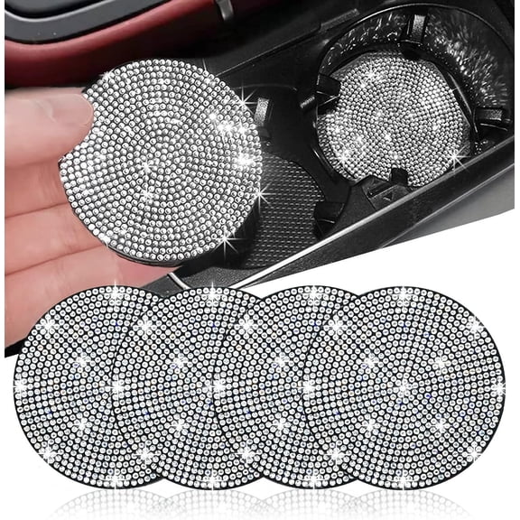 Car Decor for Women,Car Cup Holder Coaster, 4 Pack Anti-Slip Shockproof Universal Vehicle Cup Holders Coasters Insert Bling Crystal Rhinestone Cute Car Coasters for Women (White, 2 Pcs)