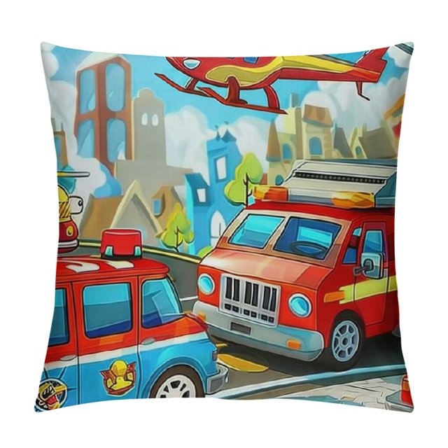 Car Decorative Throw Pillow Cover, Soft Fire Truck Square Set for Couch