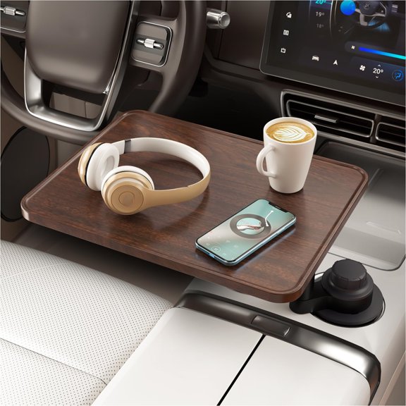 Car Desk for Laptop, Cup Holder Table with 360 Rotation - Wooden Car Laptop Mount, Car Table & Car Food Tray Compatible with Tesla Model Y/3/S & Most Vehicles