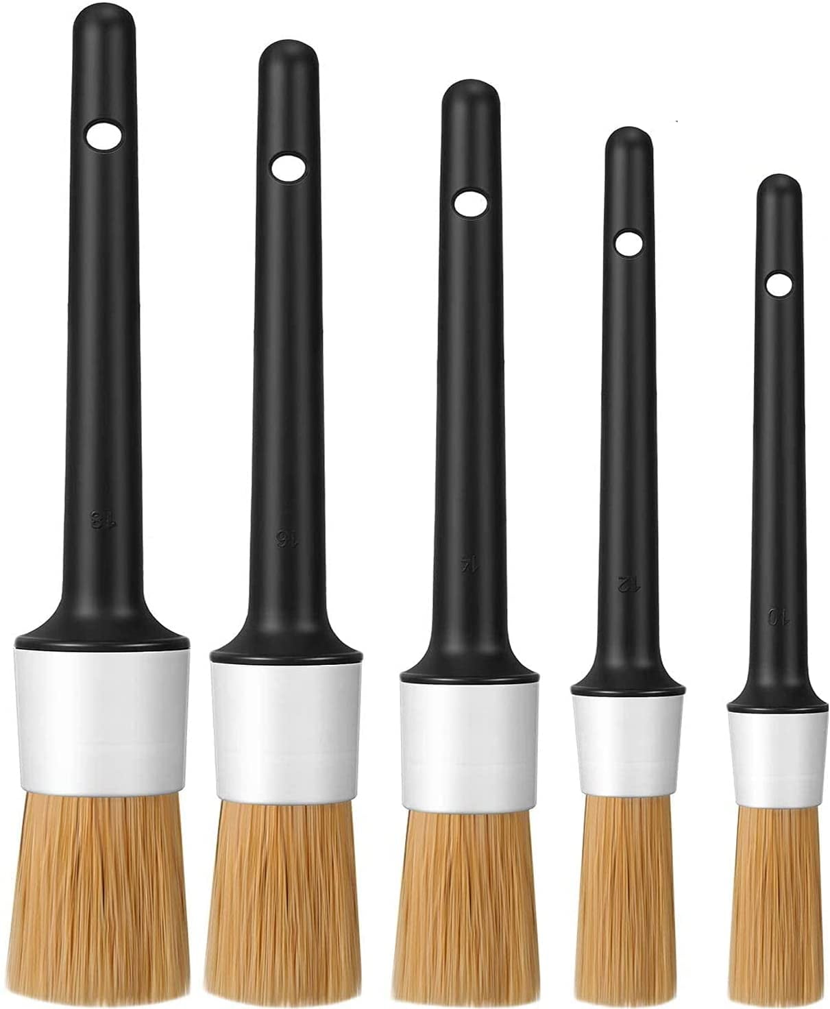 Car Detail Brush, Boars Hair Multi-Purpose Car Detailing Brushes - Set of 5, 5 Head Sizes with Natural Ultra Soft Boars Hair Detailing Brush for Washing Emblems Wheels Interior Upholstery Air Vents