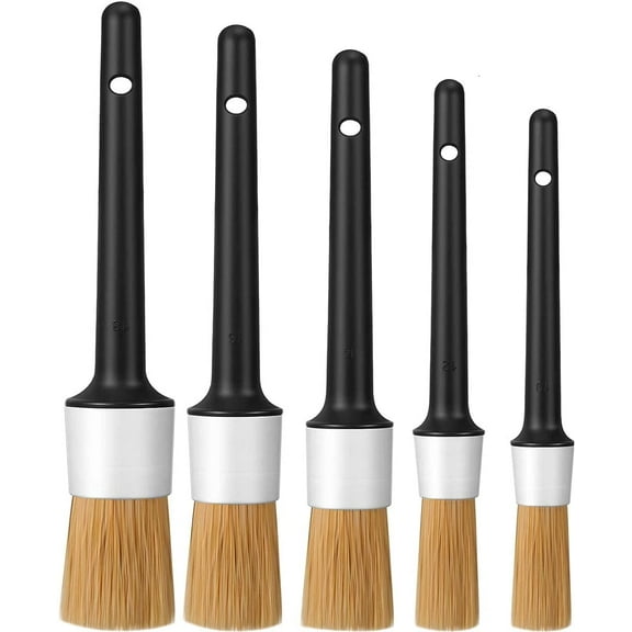 Car Detail Brush, Boars Hair Multi-Purpose Car Detailing Brushes - Set of 5, 5 Head Sizes with Natural Ultra Soft Boars Hair Detailing Brush for Washing Emblems Wheels Interior Upholstery Air Vents