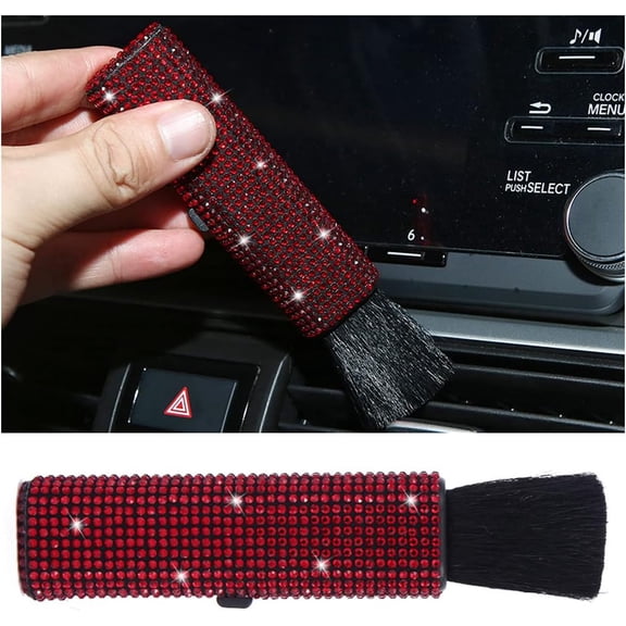 Car Detailing Brush, Detail Brush Cleaning Tool for Air Vent Dashboard Engine, Rhinestones Plastic Handle Automotive Interior Leather Exterior Wheel Dust Cleaner, Car Accessories (Red)