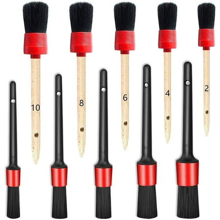 Car Detailing Brush Set, Car Brushes for Detailing Auto Boars Hair Detailing Brushes Set, Auto Car Detailing Brush Set for Cleaning Wheels, Interior, Exterior, Dashboard, Leather (10Pcs, Red)
