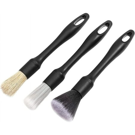 Car Detailing Brushes Set, 3 Packs Natural Boar Hair Automotive Detail Cleaning Brush Set with Plastic Handle Car Detail Cleaning Tool for Cleaning Wheels, Interior, Exterior, Leather, Air Vents