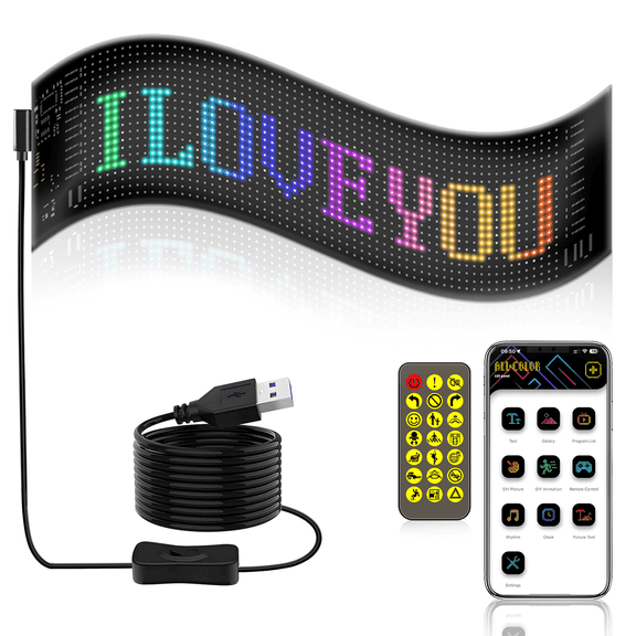 Miootly Car Devil Eyes LED Panel – 13.7x4in USB-Powered Flexible Screen with Bluetooth App for Custom Text & Animations, Suitable for Cars, Stores, Parties