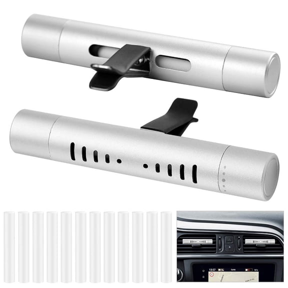 Car Diffuser Vent Clip Cylindrical Essential Oil Car Diffuser Vent Clip Aromatherapy Vehicle Air Vent Clip with 12 Refill Sticks Silver(2 packs)