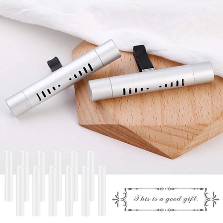 Car Diffuser Vent Clip Cylindrical Essential Oil Car Diffuser Vent Clip Aromatherapy Vehicle Air Vent Clip with 12 Refill Sticks Silver(2 packs)