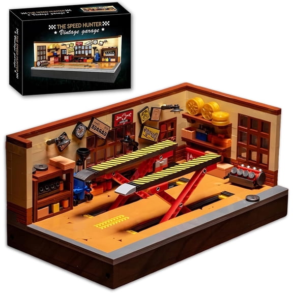 Car Display Retro Garage Building Set, Compatible with 8-Stud Chassis Car Models, Home and Office Decor for Vehicle Toys Collector, 750 Pieces