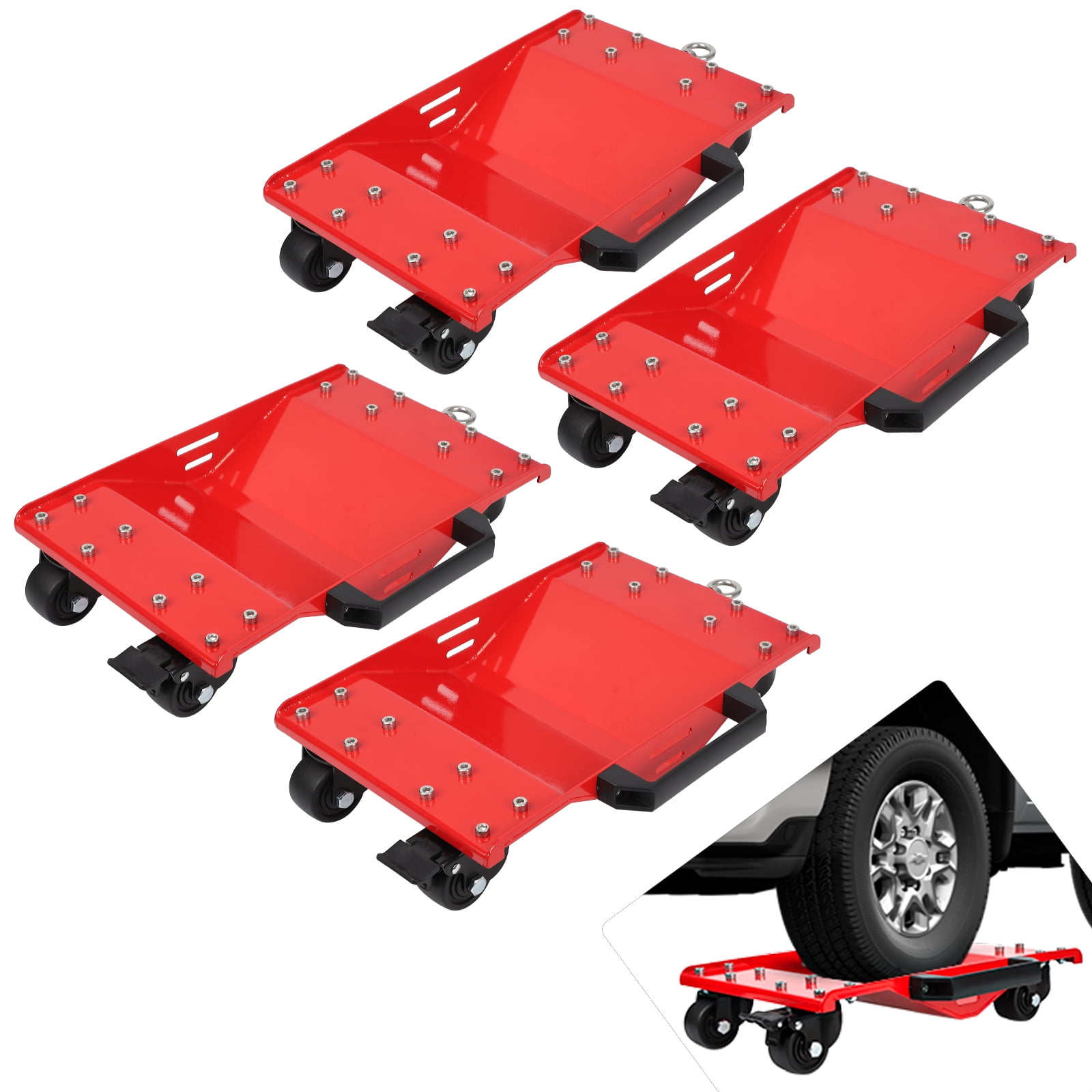 Car Dolly Set of 4 with Tow Hooks, 8000LBS Capacity Car Dollies with Sidebar & Thickened Handles