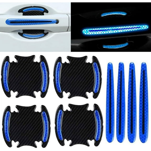 Car Door Handle Reflective Stickers Universal Auto Door Handle Scratch Cover Guard Protective Film Pad with Safety Reflective Strips 8 Pack (Blue color)