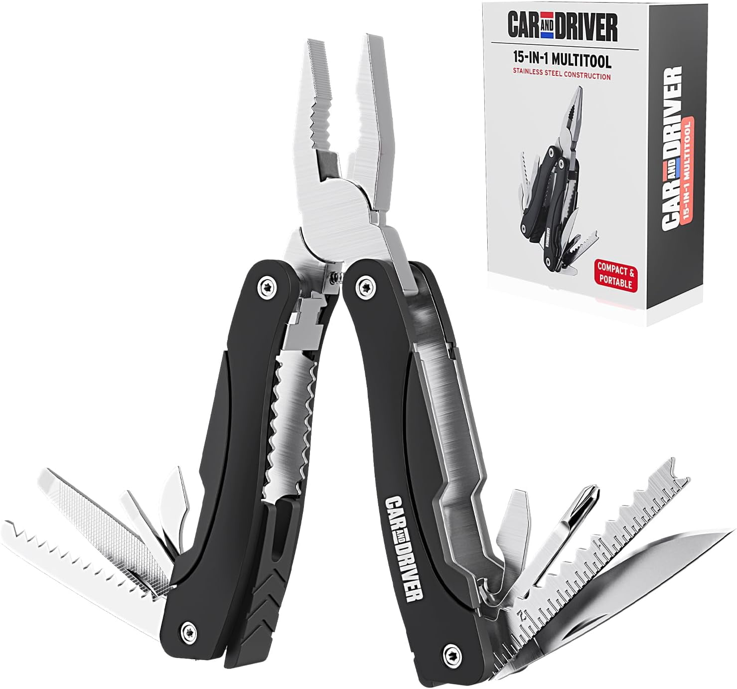 Car and Driver CAD-KH1034 12-in-1 Multitool with LED Flashlight – Stainless Steel, USB Rechargeable, Compact Folding Pocket Tool with Pliers, Screwdrivers, Knife, Saw & More – Portable EDC Tool