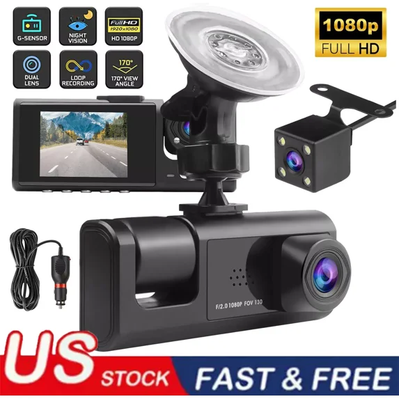 Car Dual Lens Dash Cam HD 1080P Front/Rear/Inside Video Recorder Camera G-sensor