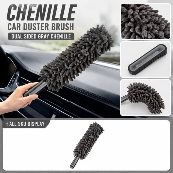 Car Duster, Dust Brush, Pet Removal Brush, Microfiber Dusters For, 14X2 Inch Double-Sided Gray Chenille Car Brush, High-Density Soft Chenille Strands Stubborn Dust, Lint and Loose