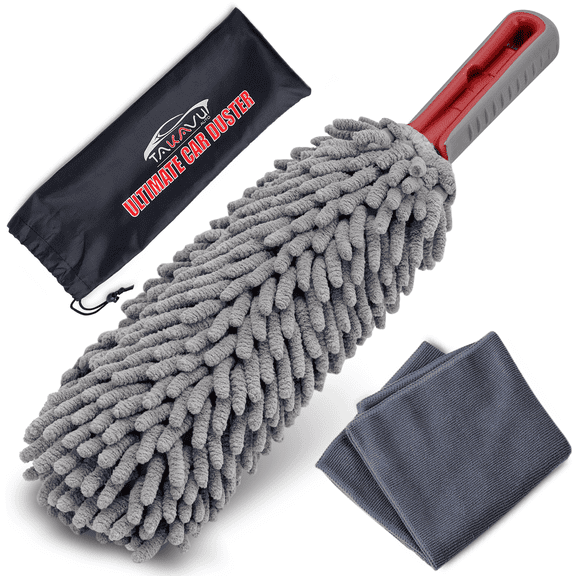 Car Duster Interior by TAKAVU, 360 Microfiber Fingers, Unbreakable Comfort Handle, Lint and Scratch Free, Include Microfiber Towel, for Car & Home Use, The Best Auto Accessories Gray